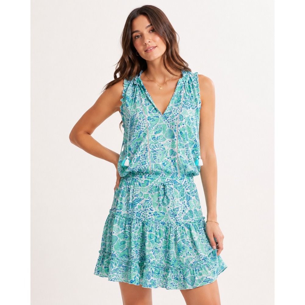 Poupette St Barth Mistral Clara Blue Green Floral Tassel Mini Dress Sleeveless M